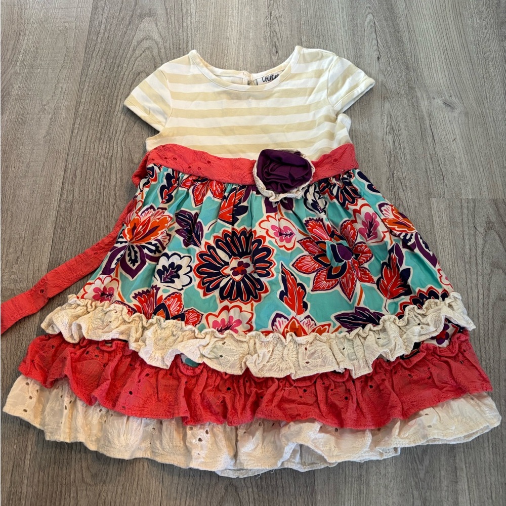 Girls Floral Tiered Dress with Coral Accents